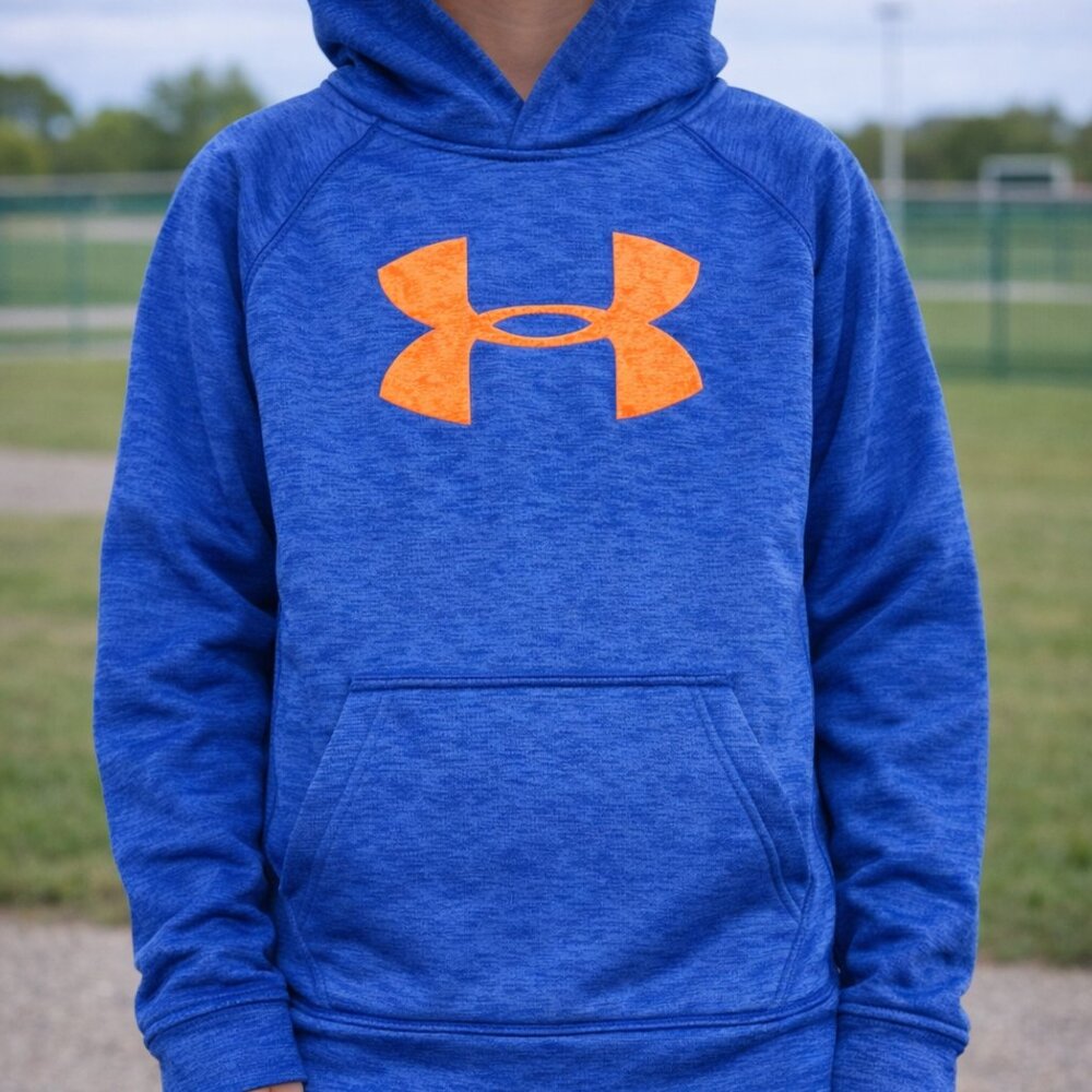 Under Armour Boys‎ Hoodie Youth Small Blue Orange Athletic Pullover Sweatshirt